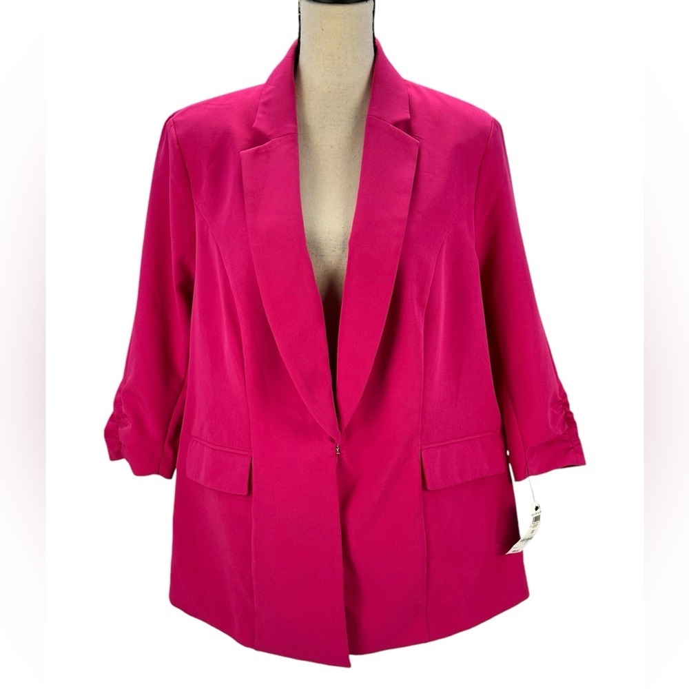 INC 3/4 Ruched Sleeve Single Breasted Blazer - Hot Pink - size 1X